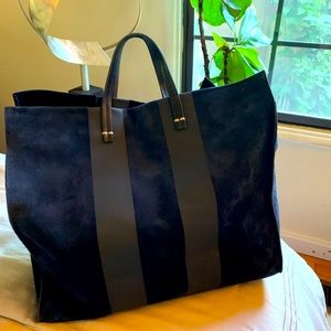 Clare V. simple tote in navy suede and matte black stripes